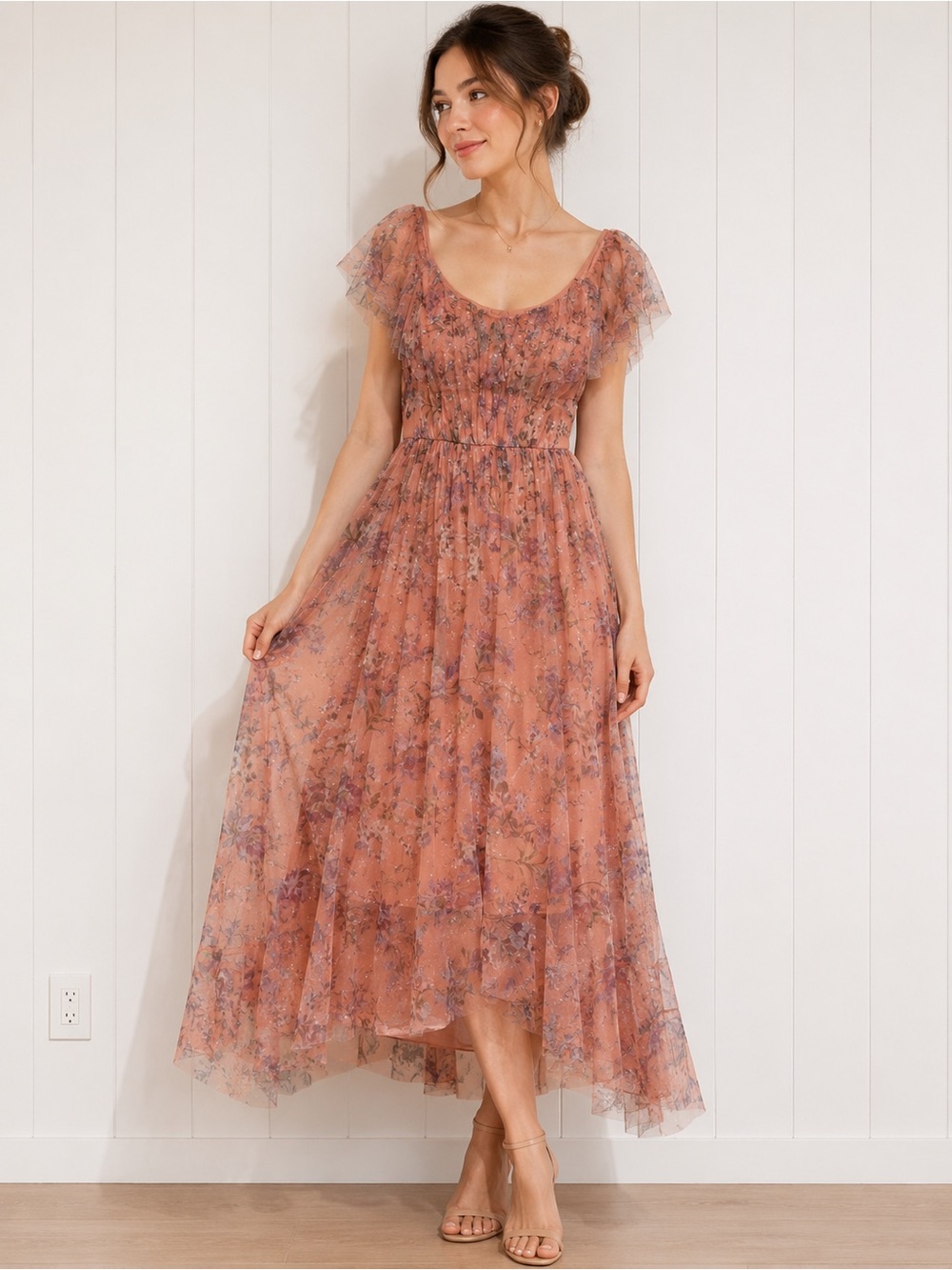 Lovely Grace Floral Glitter Mesh Midi Dress Size M Romantic Occasion Dress NWT